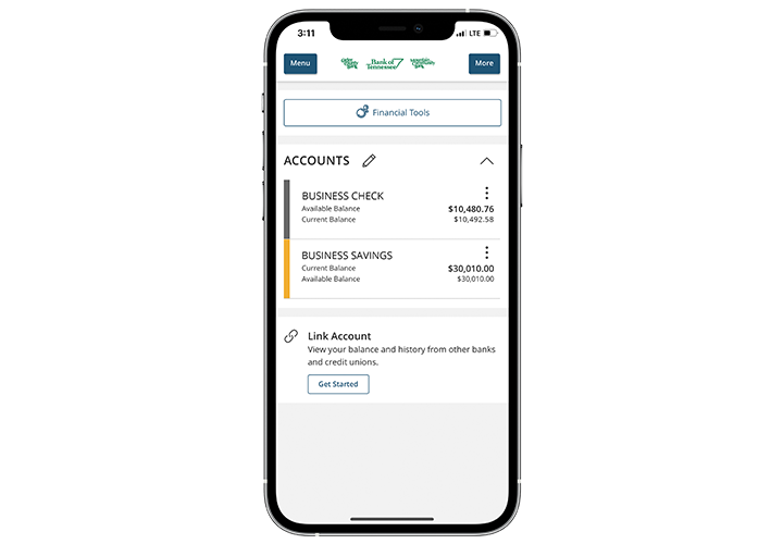 Screenshot of Bank of Tennessee mobile app overview screen