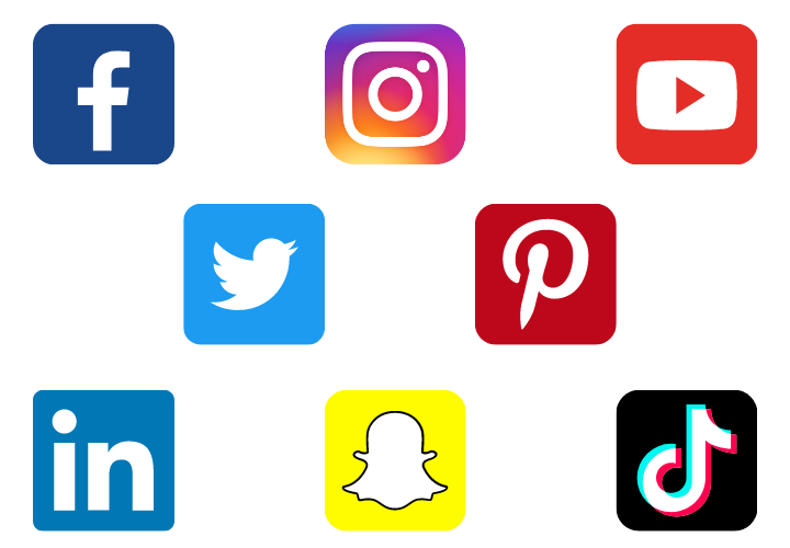 Facebook, Instagram, Youtube, Twitter, Pinterest, Linkedin, SnapChat, TikTok Icons