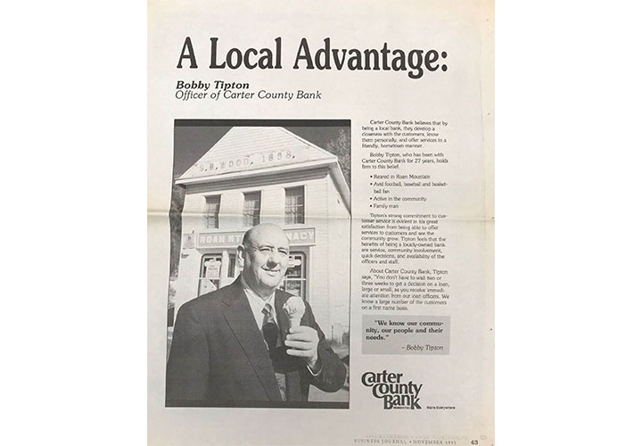 1991 Carter County Bank ad for Bobby Tipton