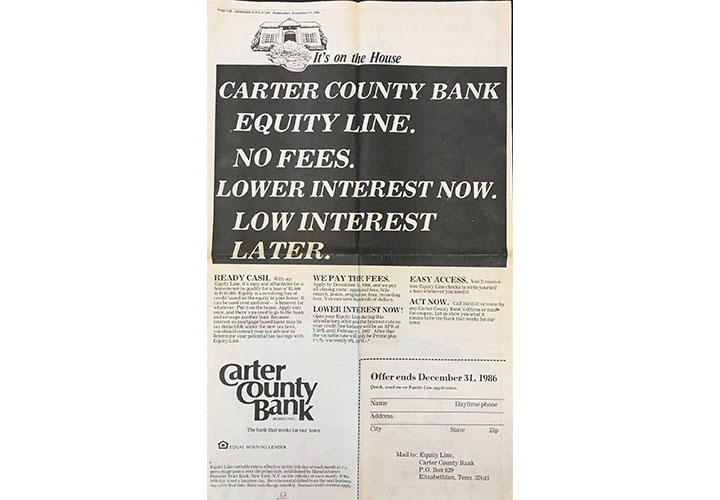 A 1986 Carter County Bank HELOC newspaper ad