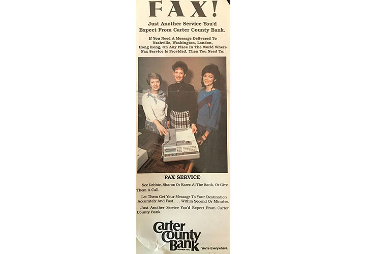 An ad for Carter County Bank's new fax service