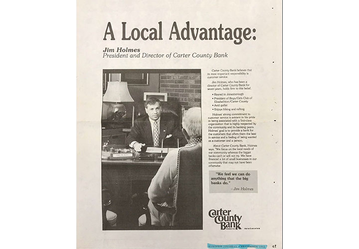 1992 Carter County Bank ad with Jim Holmes