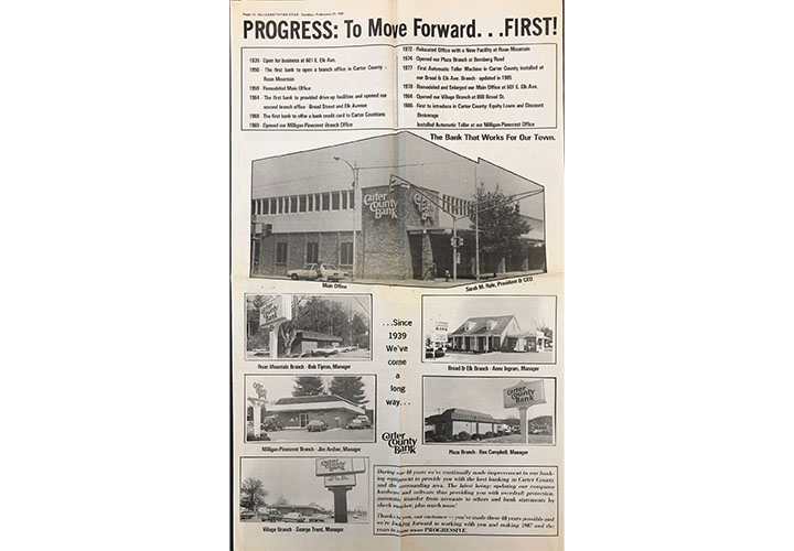 1987 newspaper ad for Carter County Bank history