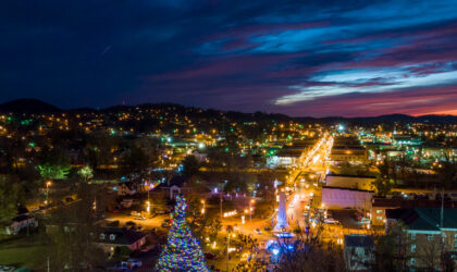 Aerial photo of Carter County and downtown Elizabethton Tennessee during 2022 Christmas tree lighting
