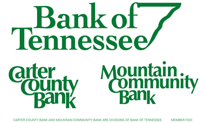 Bank of Tennessee, Carter County Bank and Mountain Community Bank logos along with disclosures and Member FDIC notice.