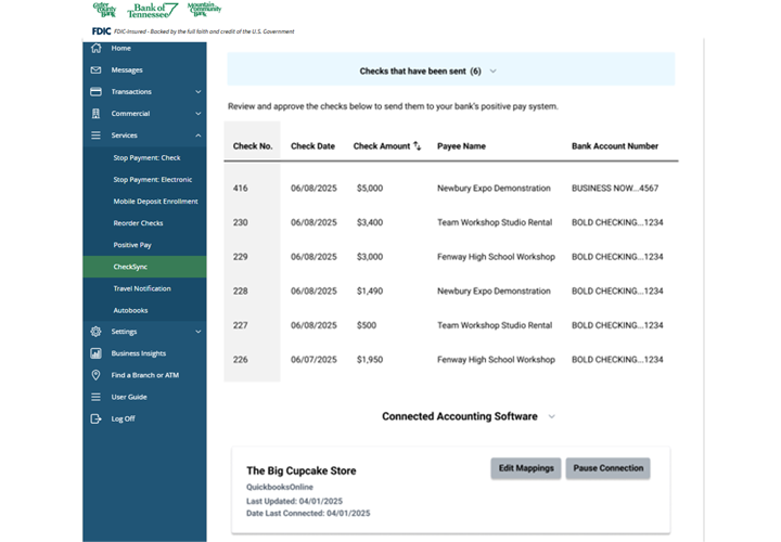 An image that shows the main CheckSync screen. Showing a list of transactions and amounts.
